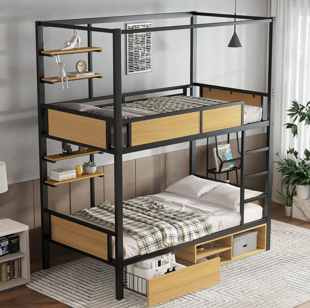 ETAGENBETT 90/200 cm mit Treppe, Ablageflächen und Stauraum aus Metall und MDF, Schwarz/Natur - Schwarz, Holzwerkstoff (90/200cm) - Redom