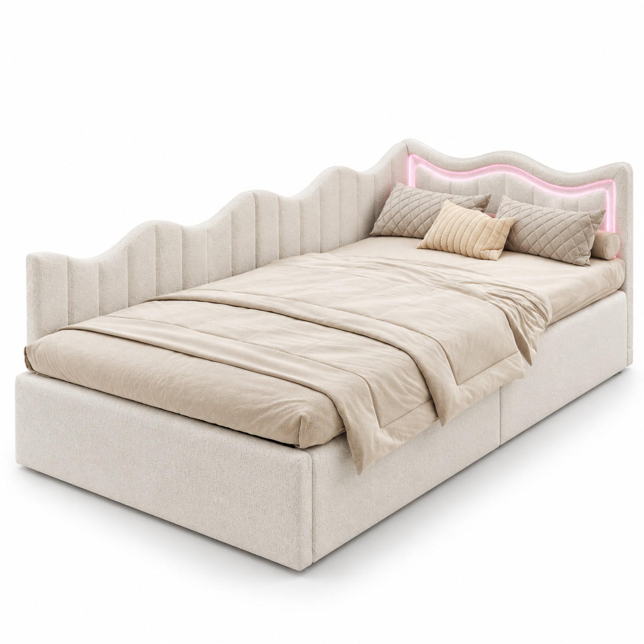 SCHLAFSOFA Teddy-Fleece mit LED-Beleuchtung und Aufbewahrungsraum - Weiß, Metall (97/75/213cm) - Joyfair