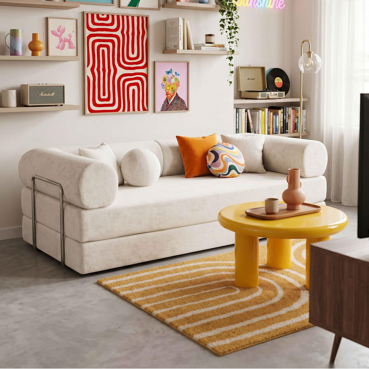 SCHLAFSOFA mit 2 Sitzplätzen, Ekru - Beige/Weiß, Textil (204/67/102cm) - Oviala