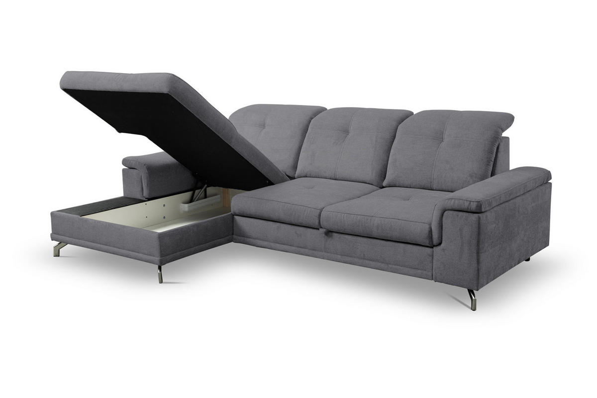 ECKSOFA PANAMA mit Schlaffunktion und Bettkasten, Farbe: Dunkelgrau, Velourstoff, Ottomane Links - Dunkelgrau, Textil (270/180cm) - VENASI MÖBEL