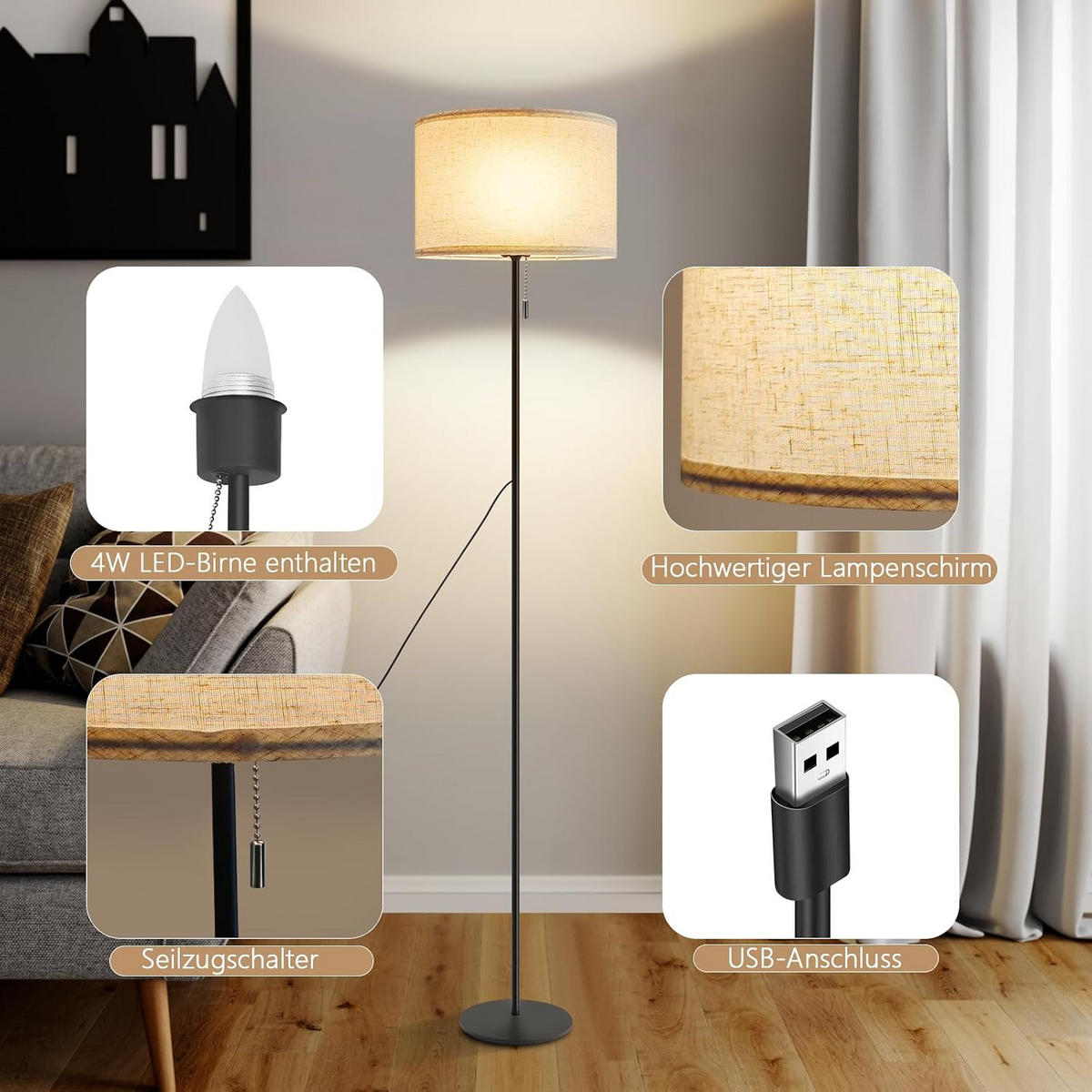 LED STEHLAMPE Liora 30/16/136 cm - Schwarz, Textil/Metall (30/16/136cm) - ZMH