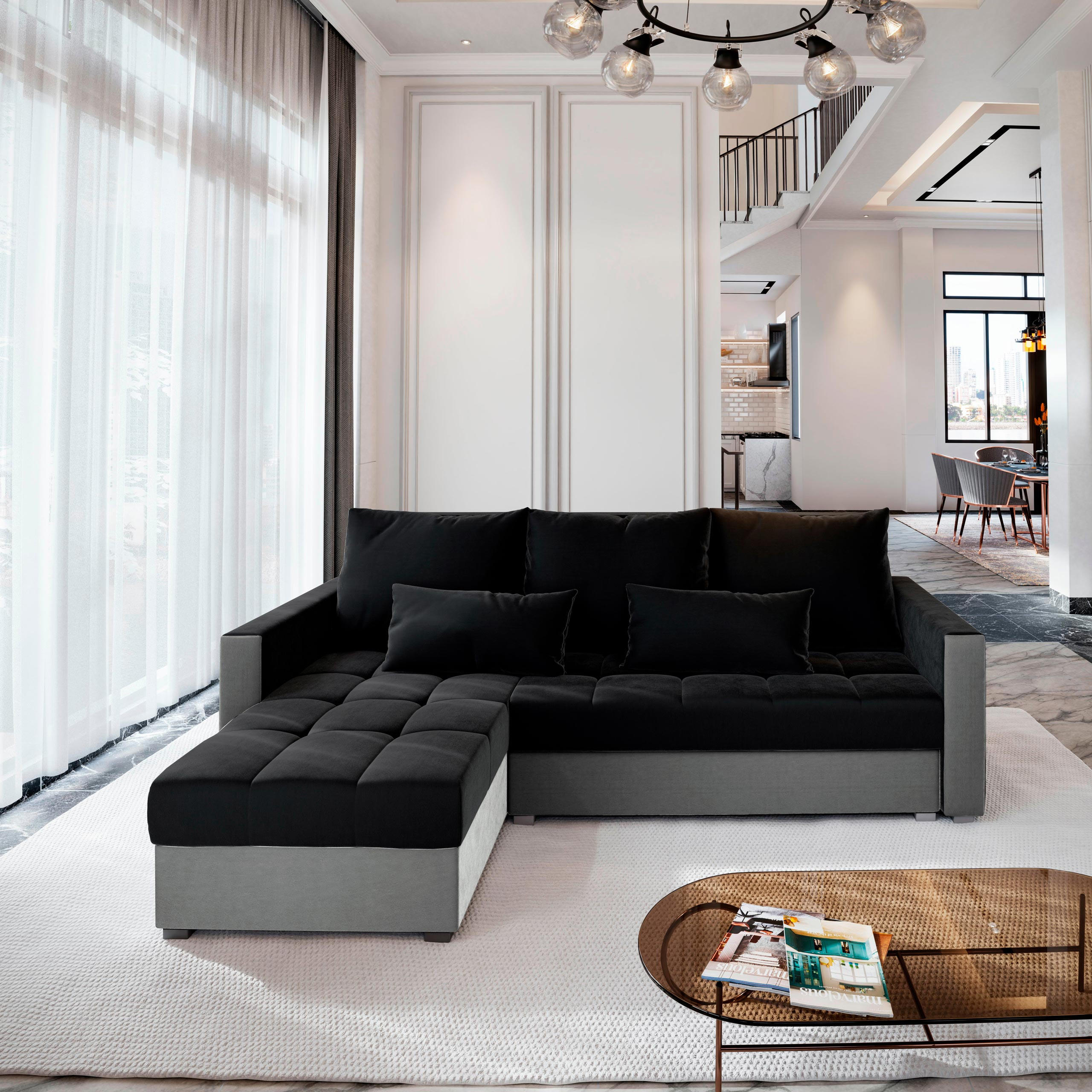 ECKSOFA KOS PIK Schwarz Plüsch-Stoff mit Schlaffunktion - Hellgrau/Schwarz, Holz (220/140cm) - MASSENO