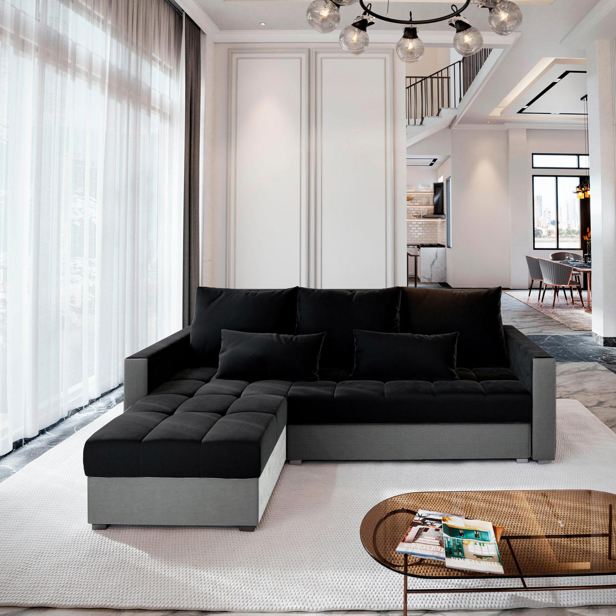 ECKSOFA KOS PIK Schwarz Plüsch-Stoff mit Schlaffunktion - Hellgrau/Schwarz, Holz (220/140cm) - MASSENO