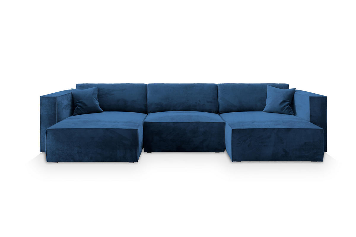 WOHNLANDSCHAFT SARMO M Blau Velours-Stoff mit Schlaffunktion - Blau, Holz (347/70/148cm) - MASSENO