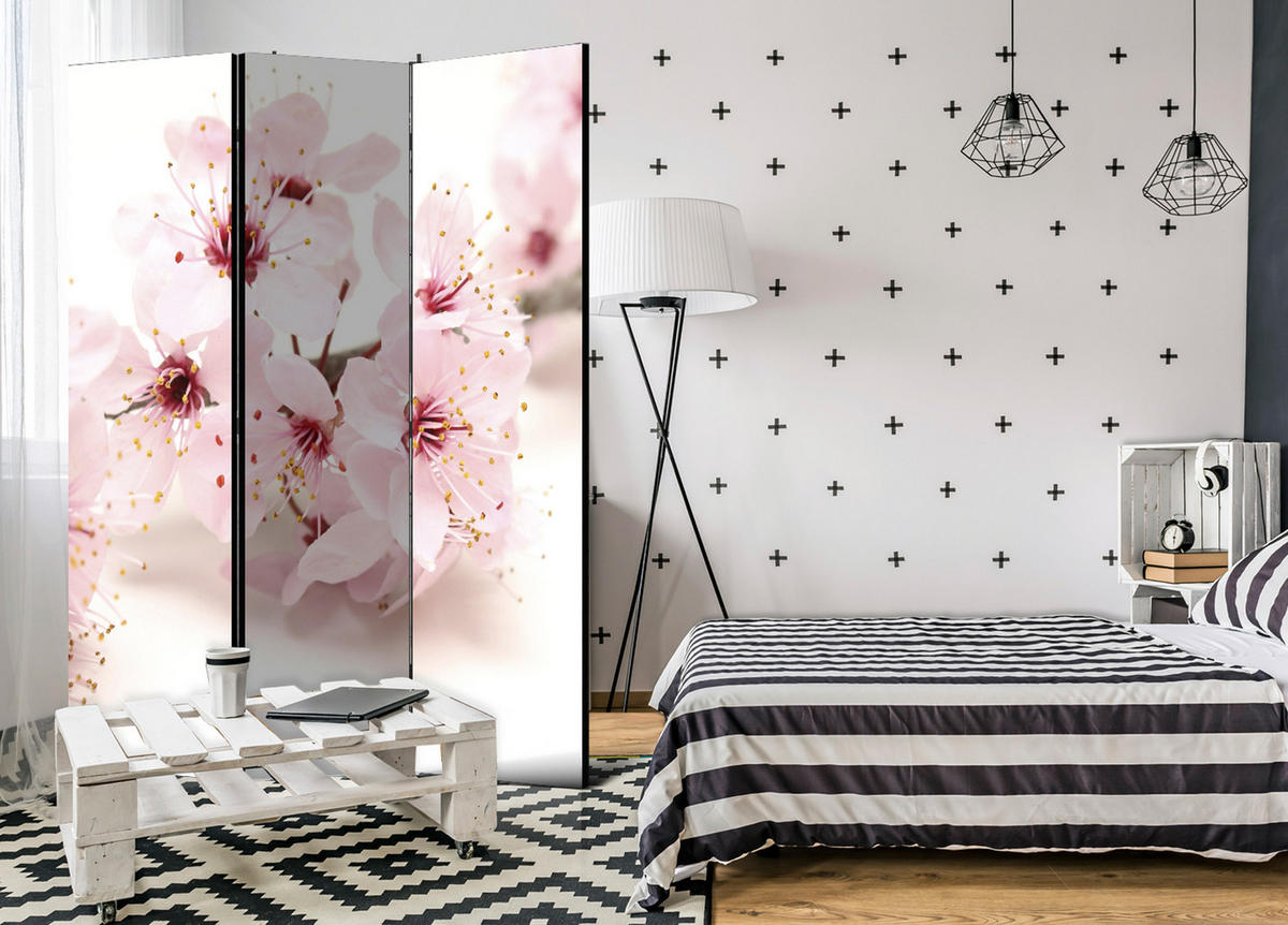 PARAVENT Einseitig Bedruckter 3-tlg 135x172 cm Kirschbl ten Natur - Rosa, Holz/Textil (135/172/3cm) - Muralo