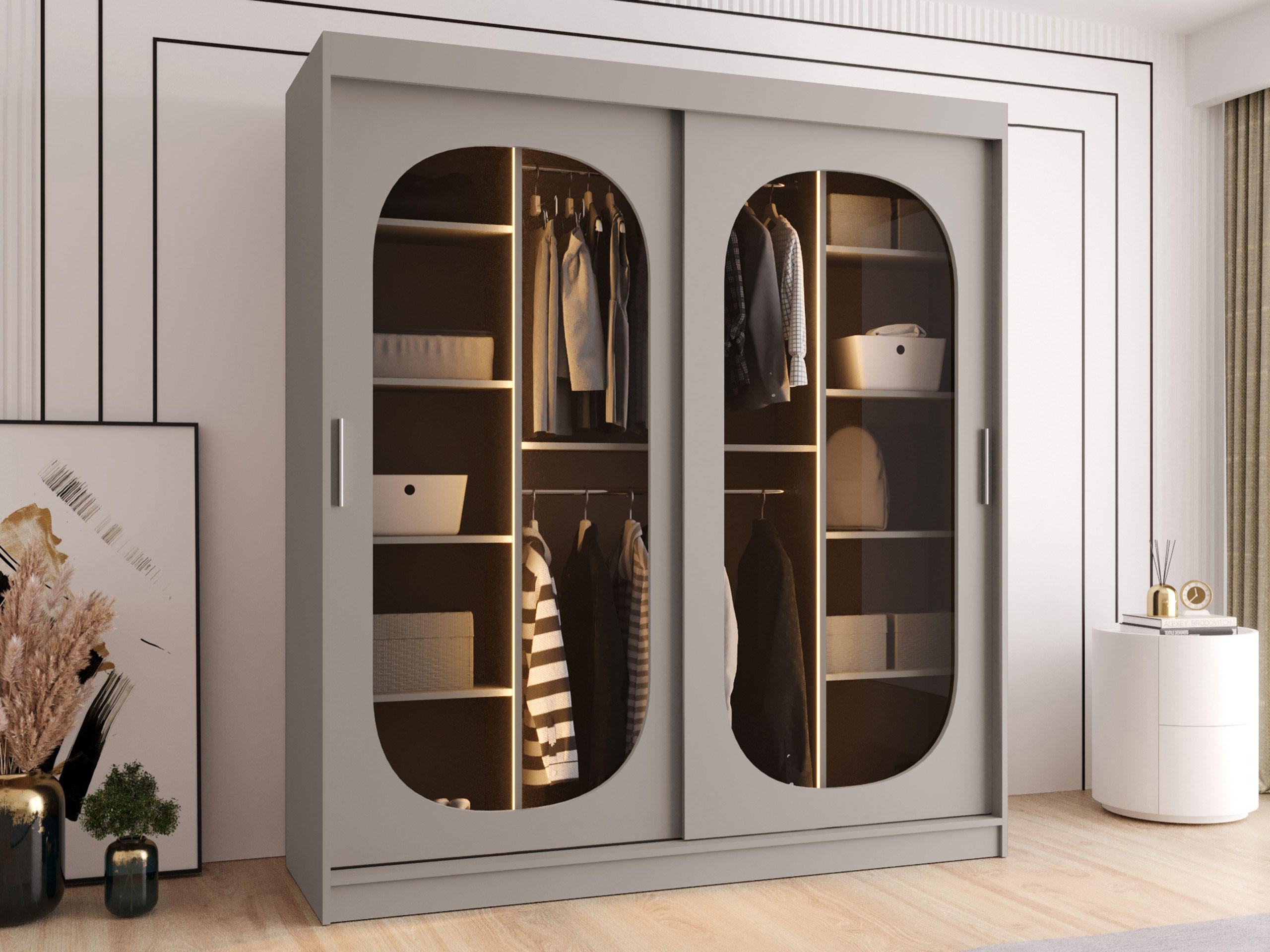 SCHWEBETÜRENSCHRANK Bahrajn 180 mit LED Beleuchtung - Kaschmir/Silberfarben, Holzwerkstoff/Kunststoff (180/200/62cm) - MIRJAN24