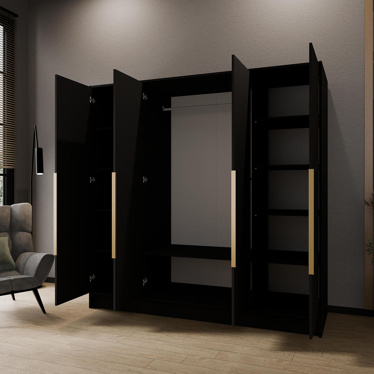 KLEIDERSCHRANK Mono Bis im Skandi-Stil, Drehtüren mit Goldene Metallgriffe, Schwarz 200/200/51 cm - Schwarz, Holzwerkstoff (200/200/51cm) - WFL GROUP