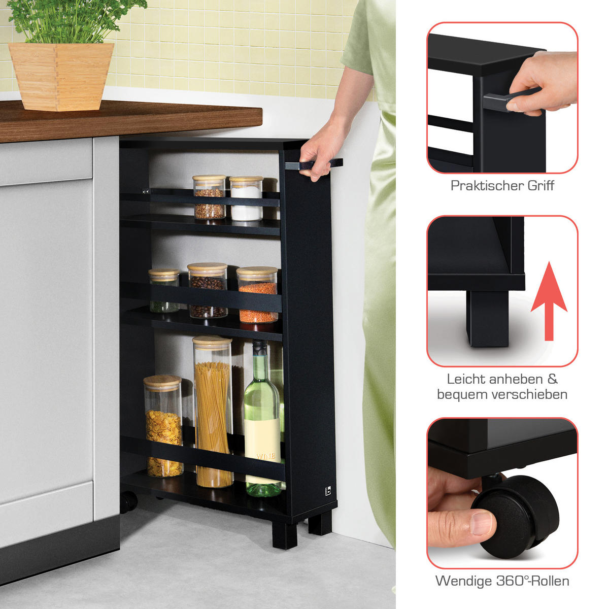 KÜCHENWAGEN Hylla Schwarz - Schwarz Hochglanz/Schwarz, Naturmaterialien/Metall (15/79/50cm) - BoMoe