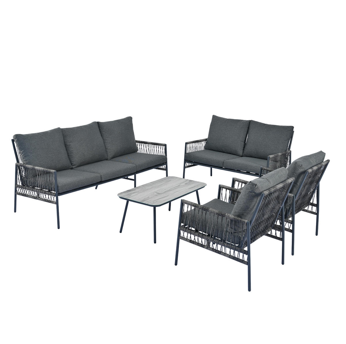 LOUNGE-SET 173/54/77 cm grau aus PE-Rattan mit Tisch und waschbaren Kissen - Grau, Metall - OKWISH