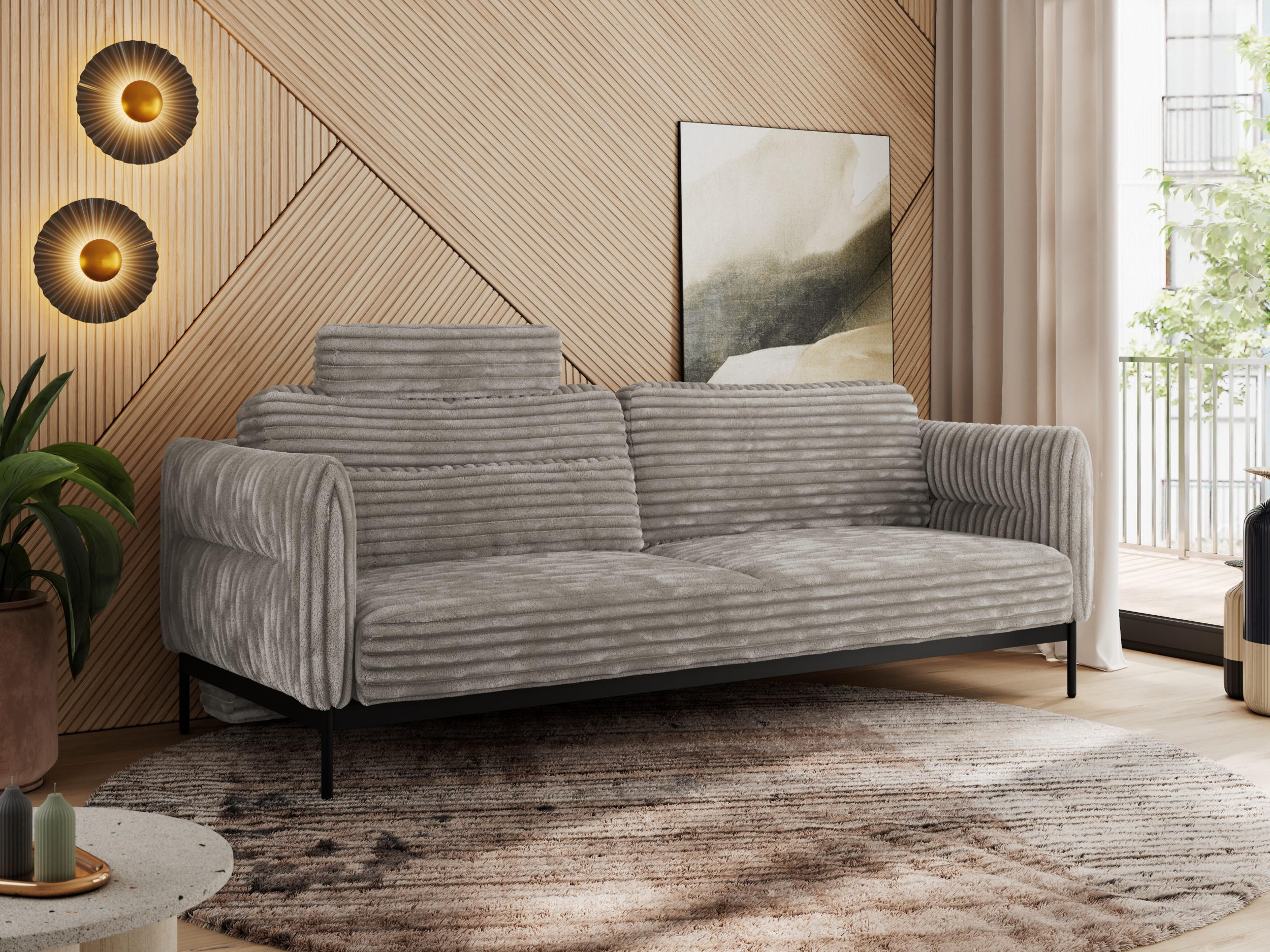 SOFA SALENTO Hellbraun Cord - Hellbraun/Schwarz, Textil/Metall (221/82/101cm) - MKS