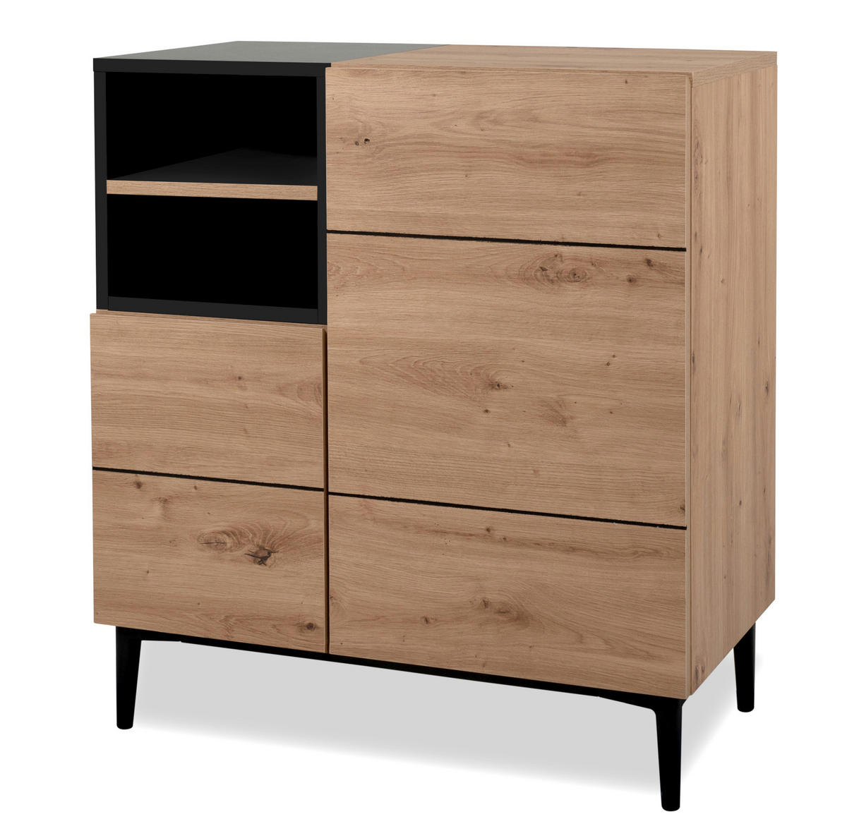 KOMMODE Eiche Artisan, schwarz 80 cm, Anrichte 2-türig mit 7 Fächern - Schwarz/Eiche Artisan, Holzwerkstoff (80/90/42cm) - Furn.Design