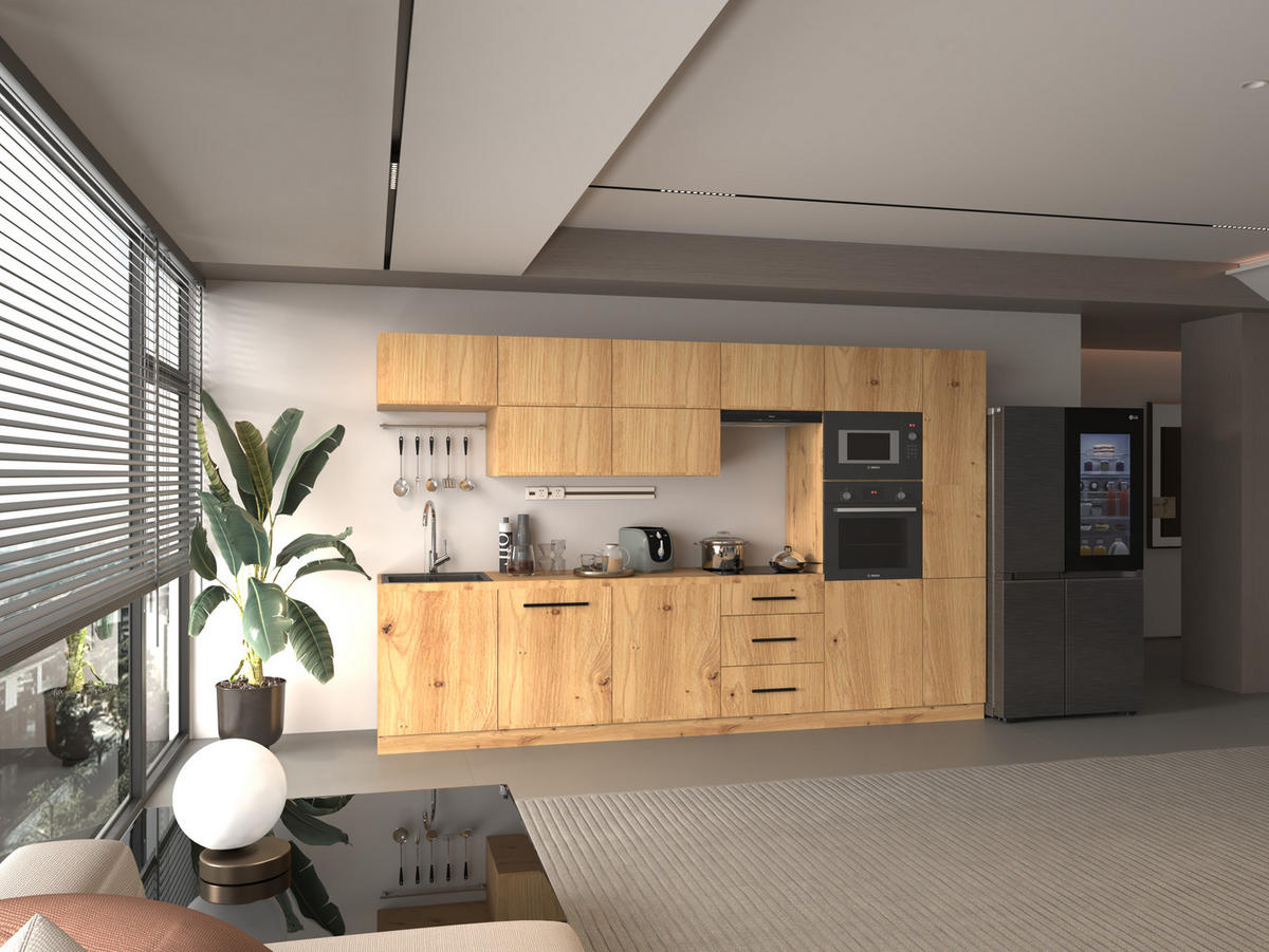 KÜCHENZEILE 240 - Langen KL3-M340 in Artisan Eiche - Schwarz/Eiche Artisan, Holz (340/212/58cm)