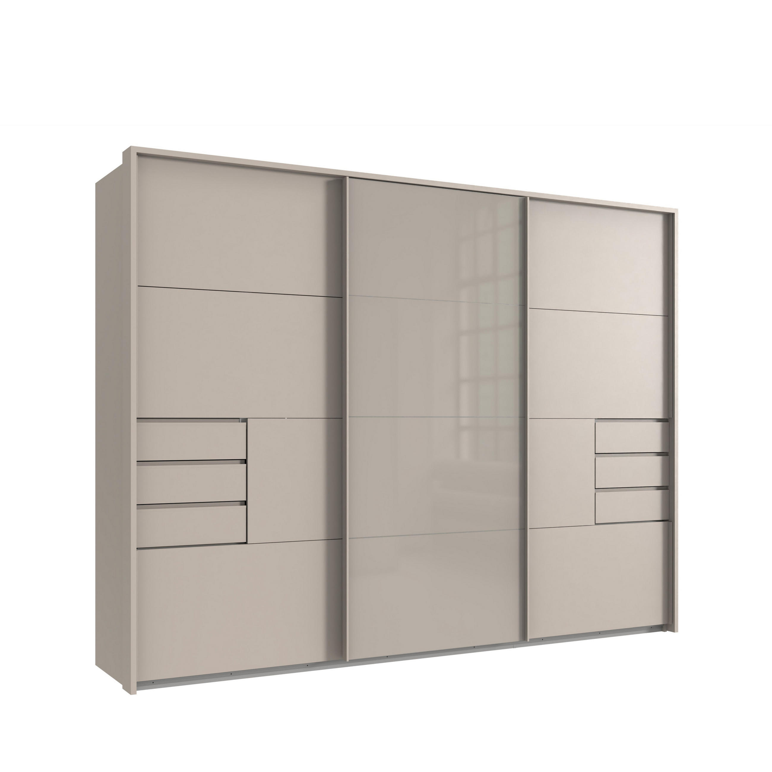 luma-home SKŘÍŇ S VZPŘÍMENÝMI DVEŘMI, 273 × 64 × 213 cm (Š×H×V), 3dveřová, pasparta, zásuvky, béžově šedá/sklo / 22622
