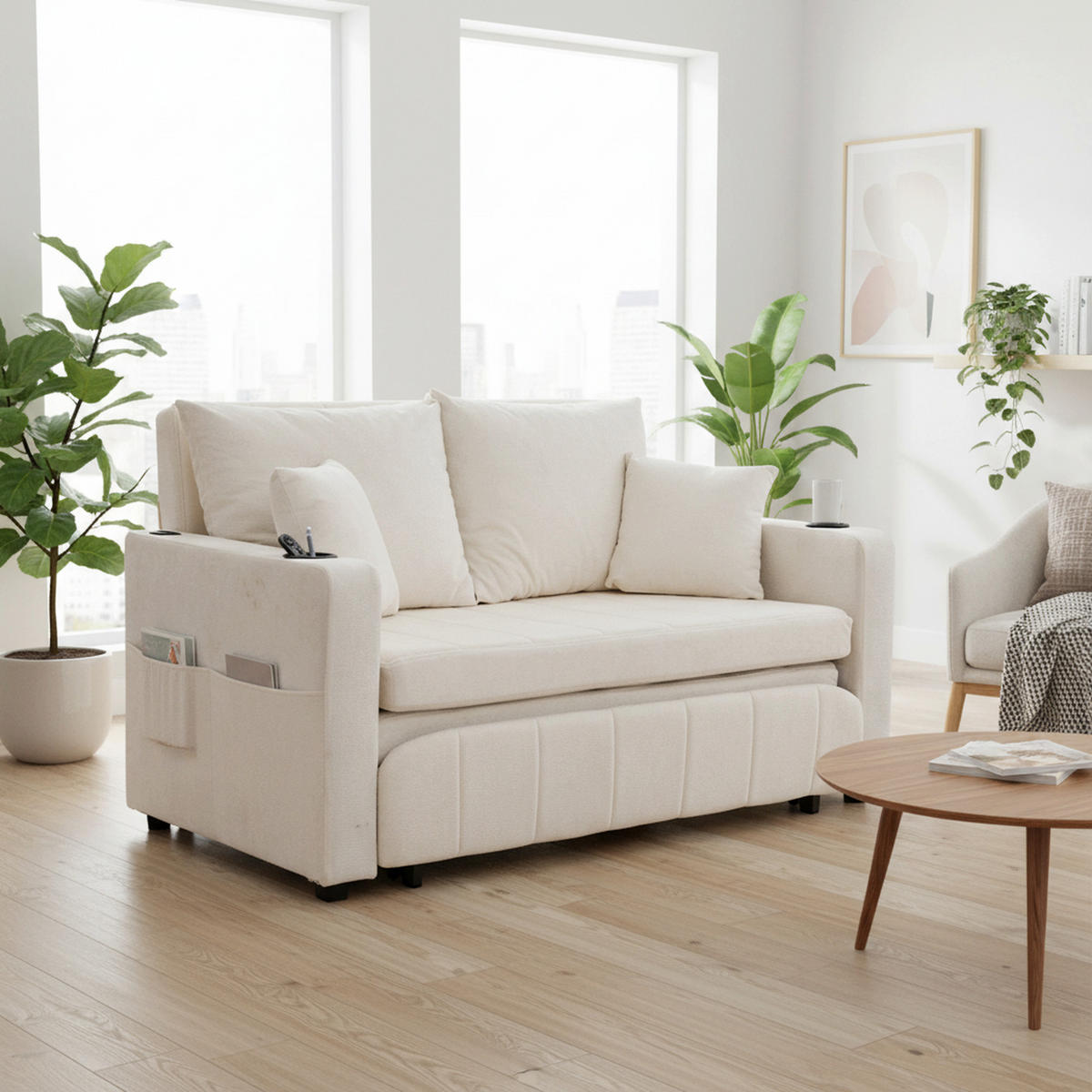 SCHLAFSOFA aus chenille mit bettfunktion, usb-anschluss & becherhaltern - Beige, Textil (139/83/73cm) - Urban Meuble