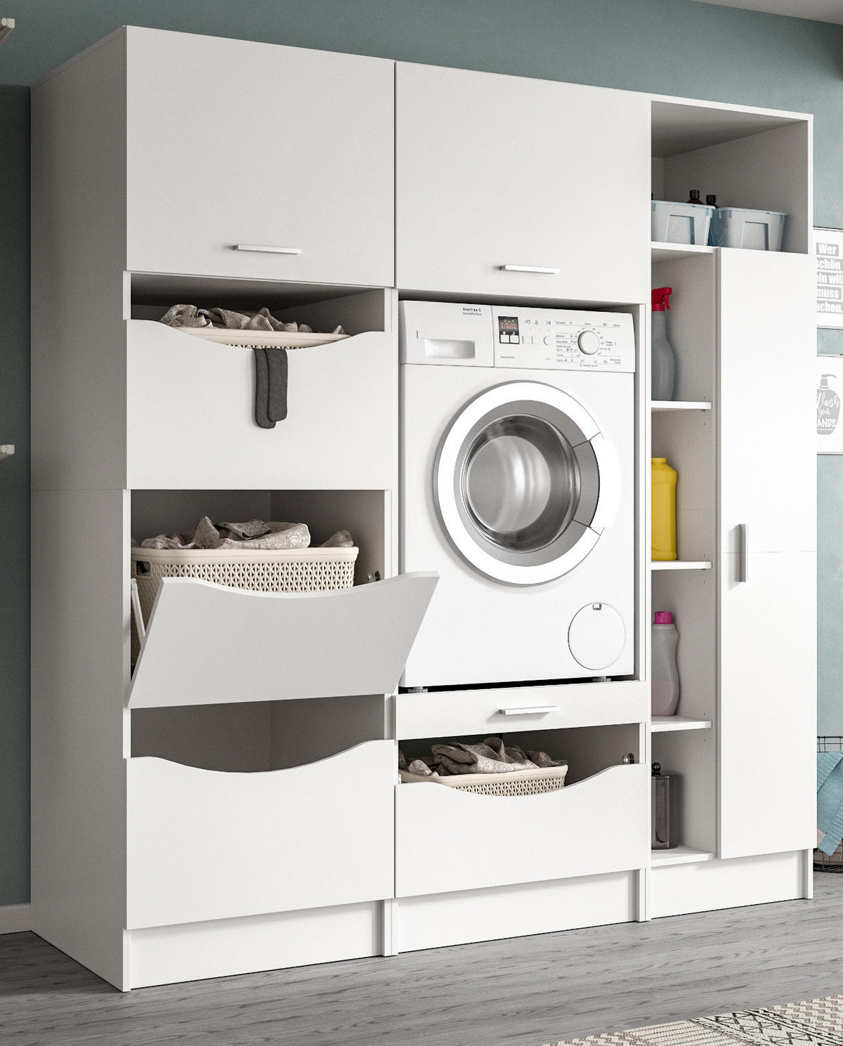 WASCHMASCHINENSCHRANK weiß Set 3-teilig, Waschmaschinenumbau 176 cm mit viel Stauraum - Silberfarben/Weiß, Glas/Holzwerkstoff (176/195/68cm) - Inn.Furn
