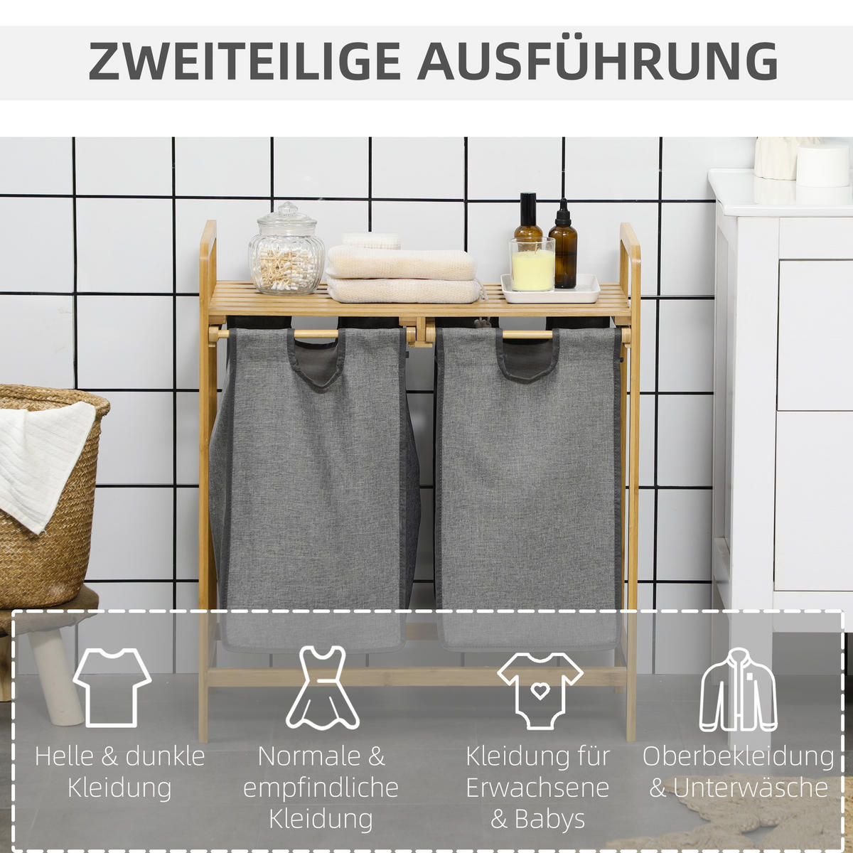 WÄSCHEKORB Bambus Polyester Grau - Grau, Naturmaterialien (33/73/63.5cm) - HOMCOM