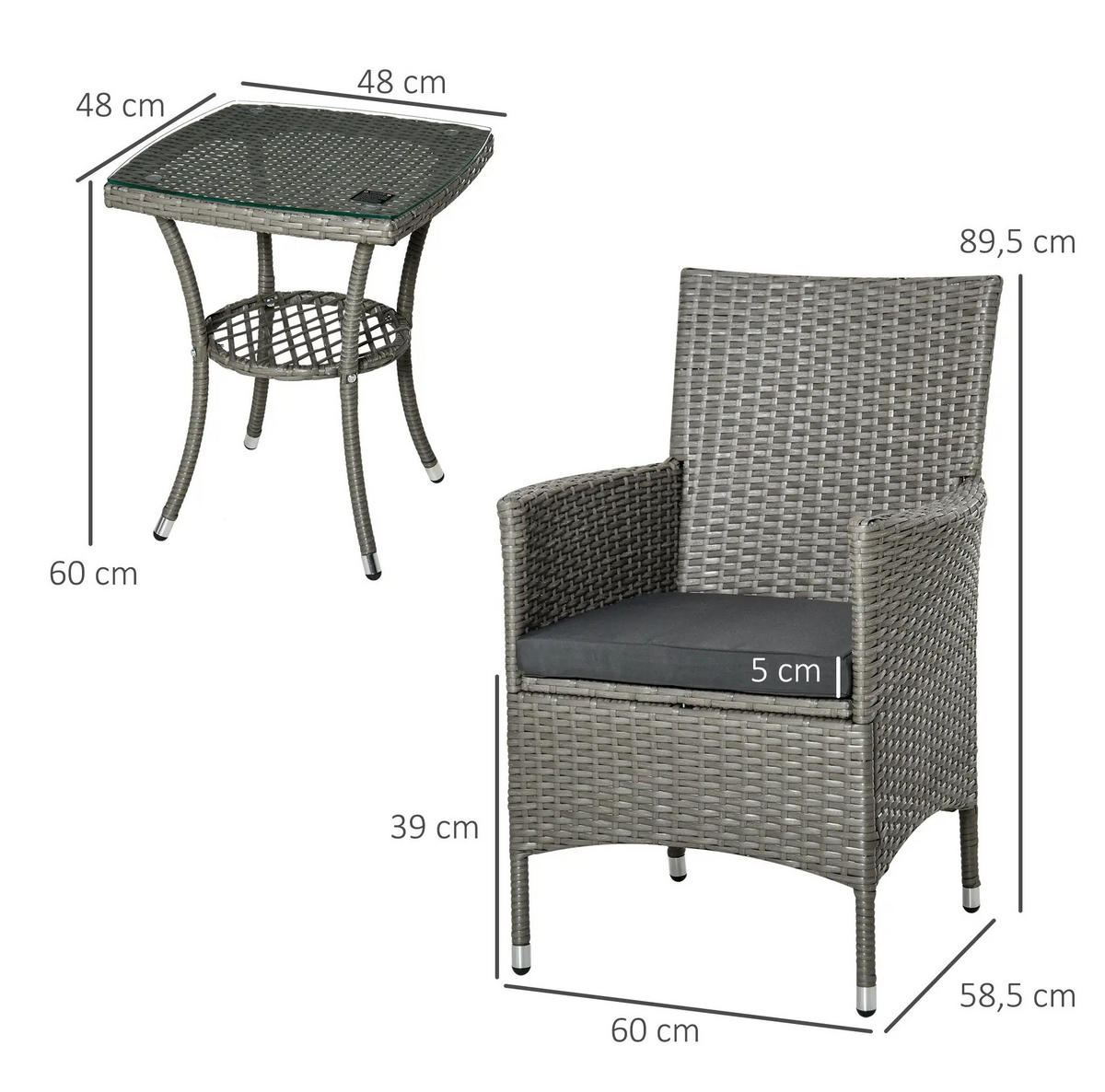BALKONMÖBEL-SET 60/58,5/89,5 cm, 3-teilig mit Sitzkissen und Glastisch, Grau - Grau, Naturmaterialien - Redom