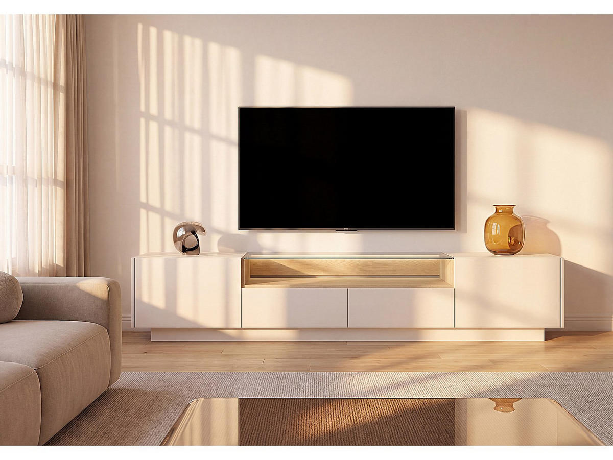 TV-BOARD - 203 cm x 39.5 cm - glas - beige, naturfarben hell Alivento - Beige/Naturfarben, Glas/Holz (203/43.4/39.5cm) - Vente-Unique