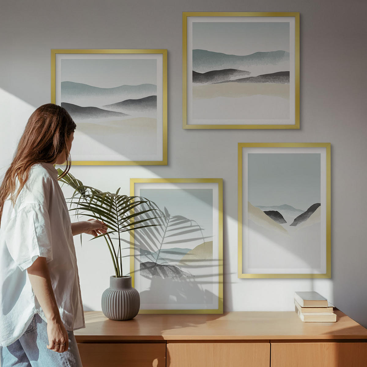 WANDBILDER 4er Set - 50x50 cm & 40x60 cm Goldrahmen - Berge minimalistische Pastellfarben - Goldfarben, Kunststoff (50/50cm) - ArtPrintCave