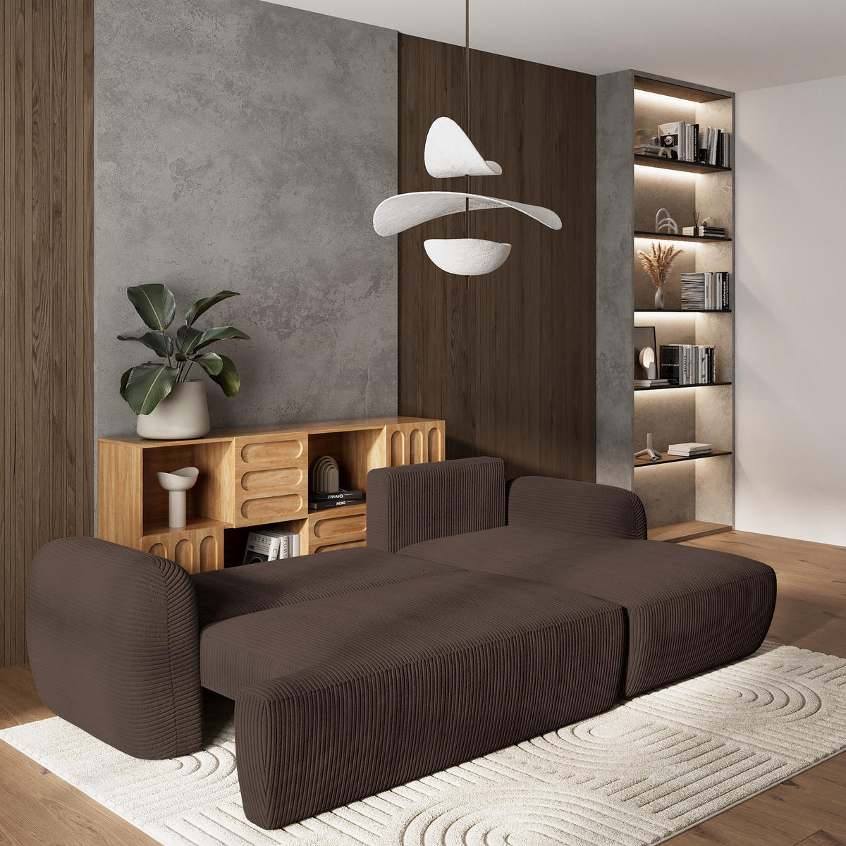 ECKSOFA MODENZA P R-S Braun Kordstoff mit Schlaffunktion - Braun, Holz (266/148cm) - MASSENO