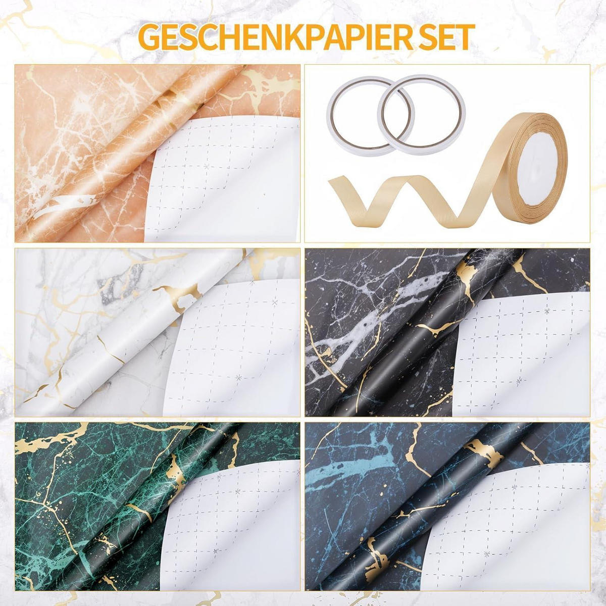 GESCHENKPAPIER 5-teiliges Set Marmor-Design 43 cm x 3 m - Multicolor, Papier (43/0.1/300cm)
