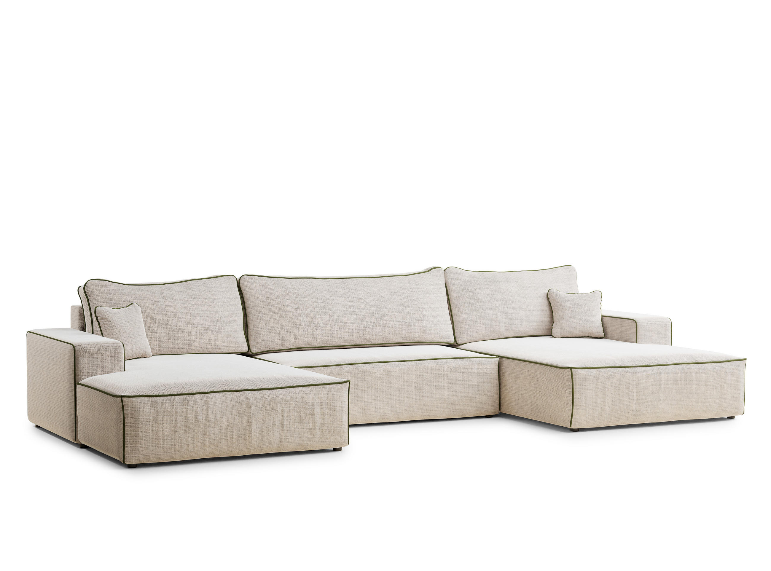 WOHNLANDSCHAFT Deseo Creme-Olivgrün Chenille-Stoff - Creme/Schwarz, Holz/Holzwerkstoff (398/70/148cm) - Maison de Reve