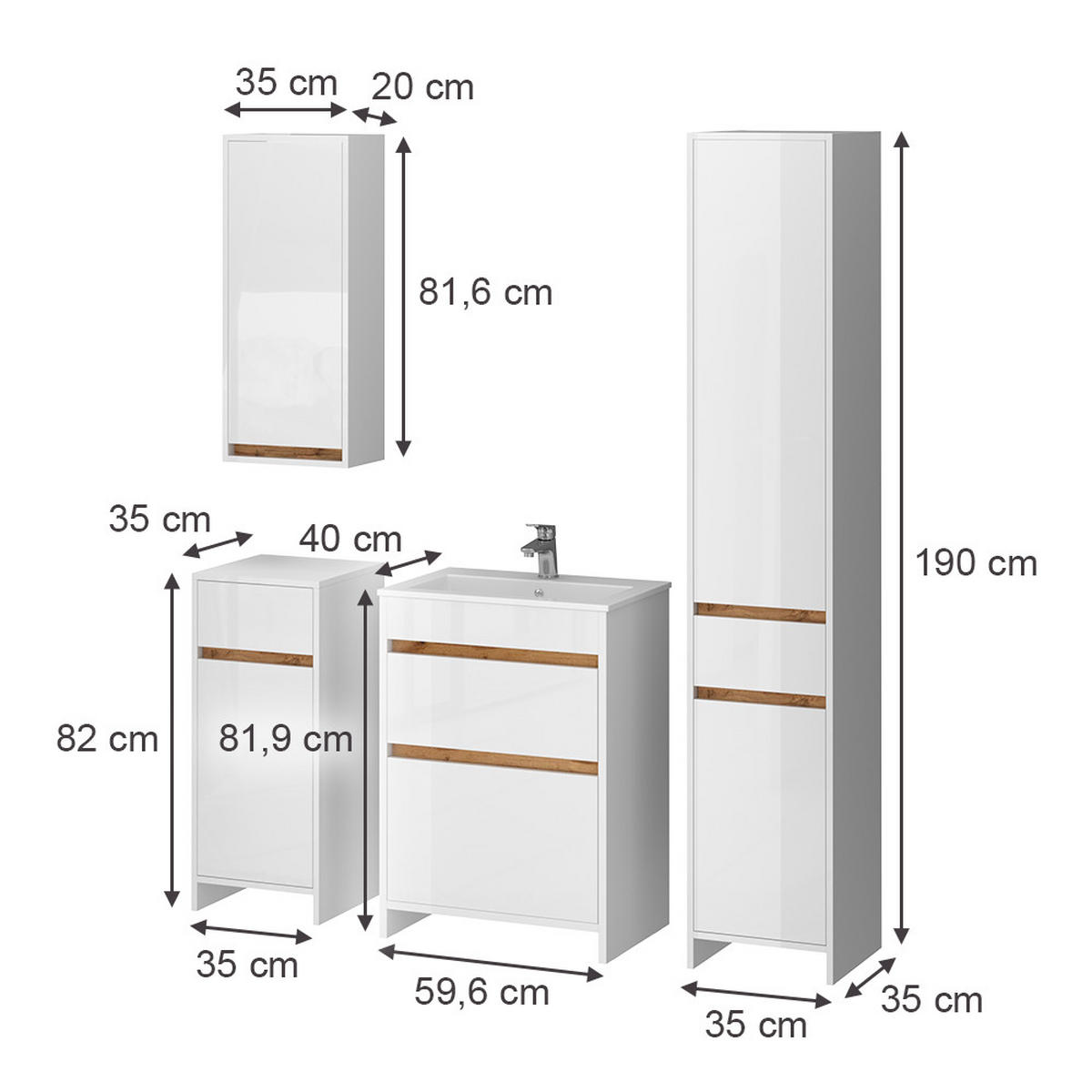 BADMÖBEL Detmold Weiß Hochglanz/Goldkraft Eiche 5er-Set - Honigeiche/Weiß Hochglanz, Holzwerkstoff (60/82/40cm) - Vicco