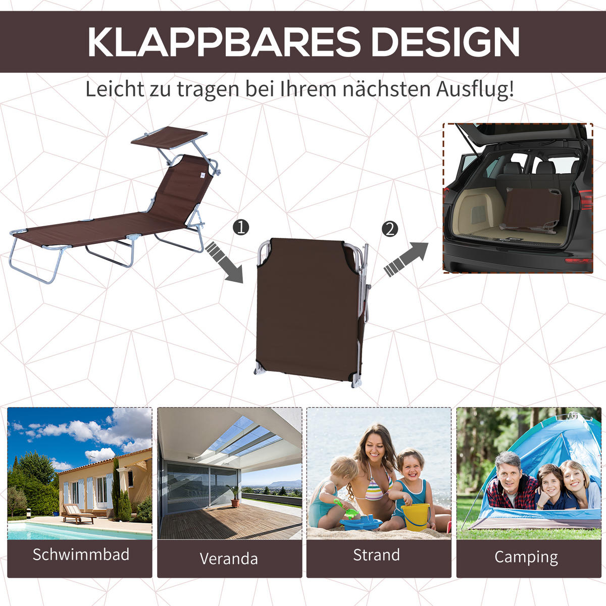 SONNENLIEGE mit Sonnenschutz, Braun - Braun, Metall (58/36/187cm) - Outsunny