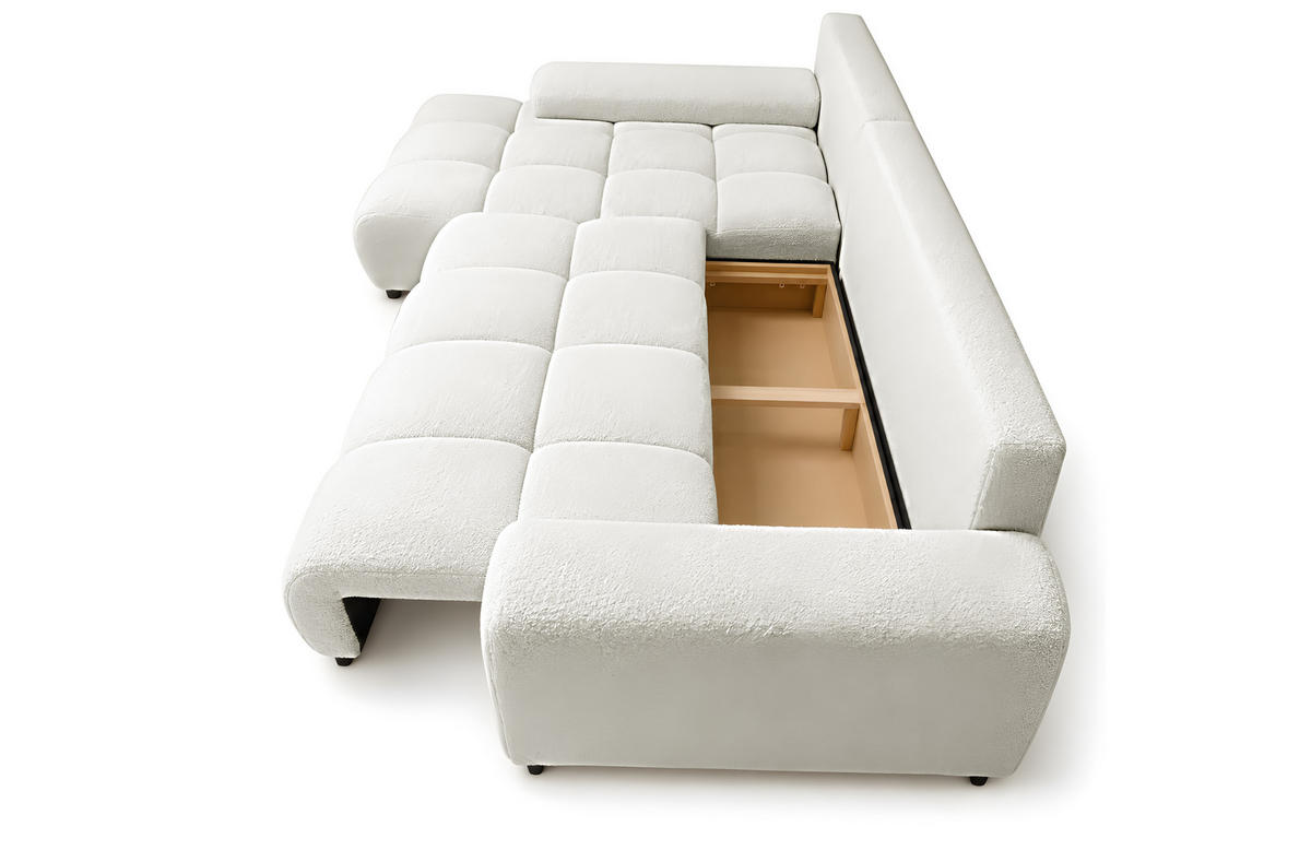 ECKSOFA Ovia mit Bettkasten und Schlaffunktion, Bouclé-Stoff in L-Form - Weiß, Textil (270/185cm)
