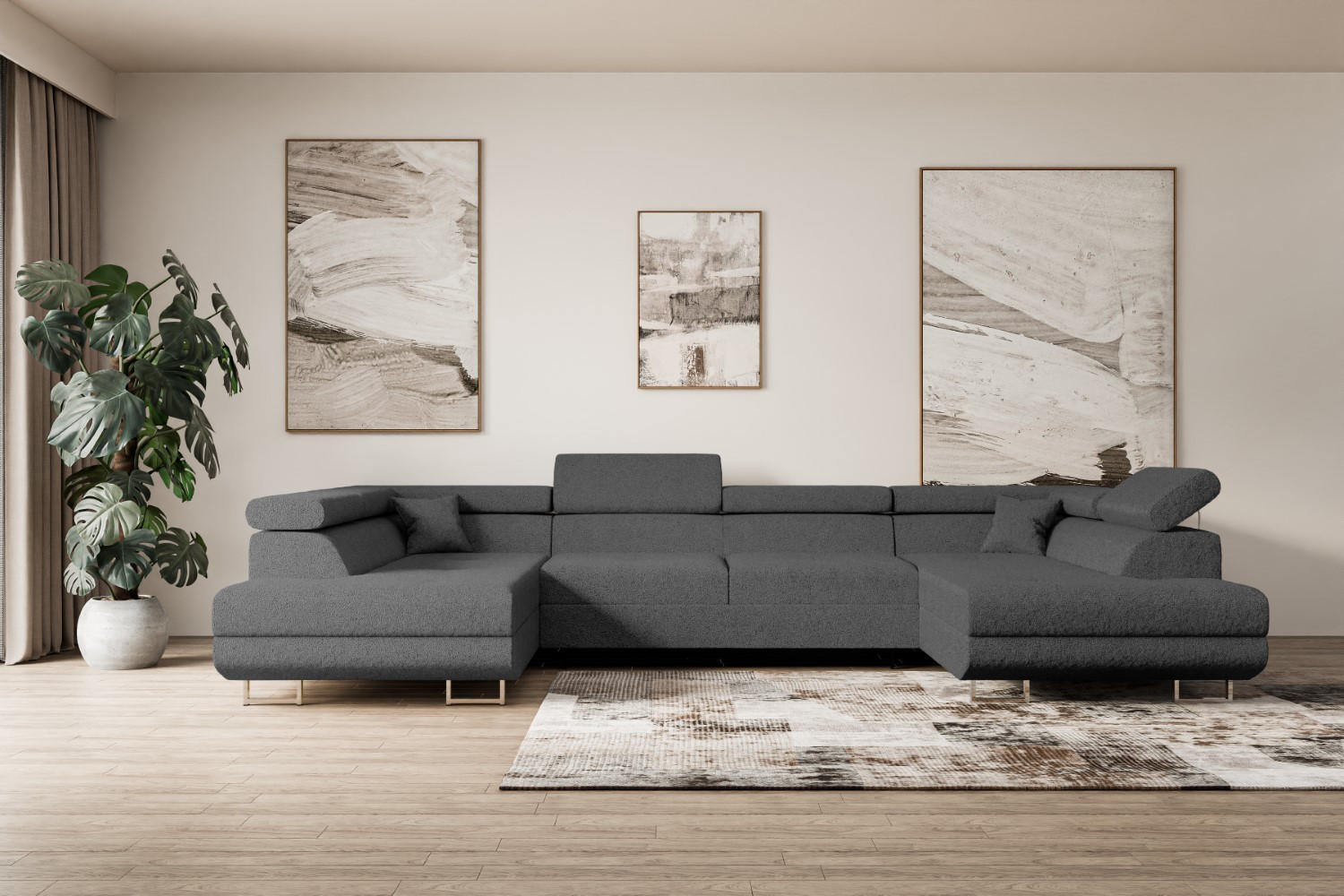 WOHNLANDSCHAFT mit Schlaffunktion und Bettkasten GUSA-U 342x202x107 cm Grau Bouclé - Silberfarben/Grau, Holzwerkstoff/Textil (342/107/202cm) - ALTDECOR