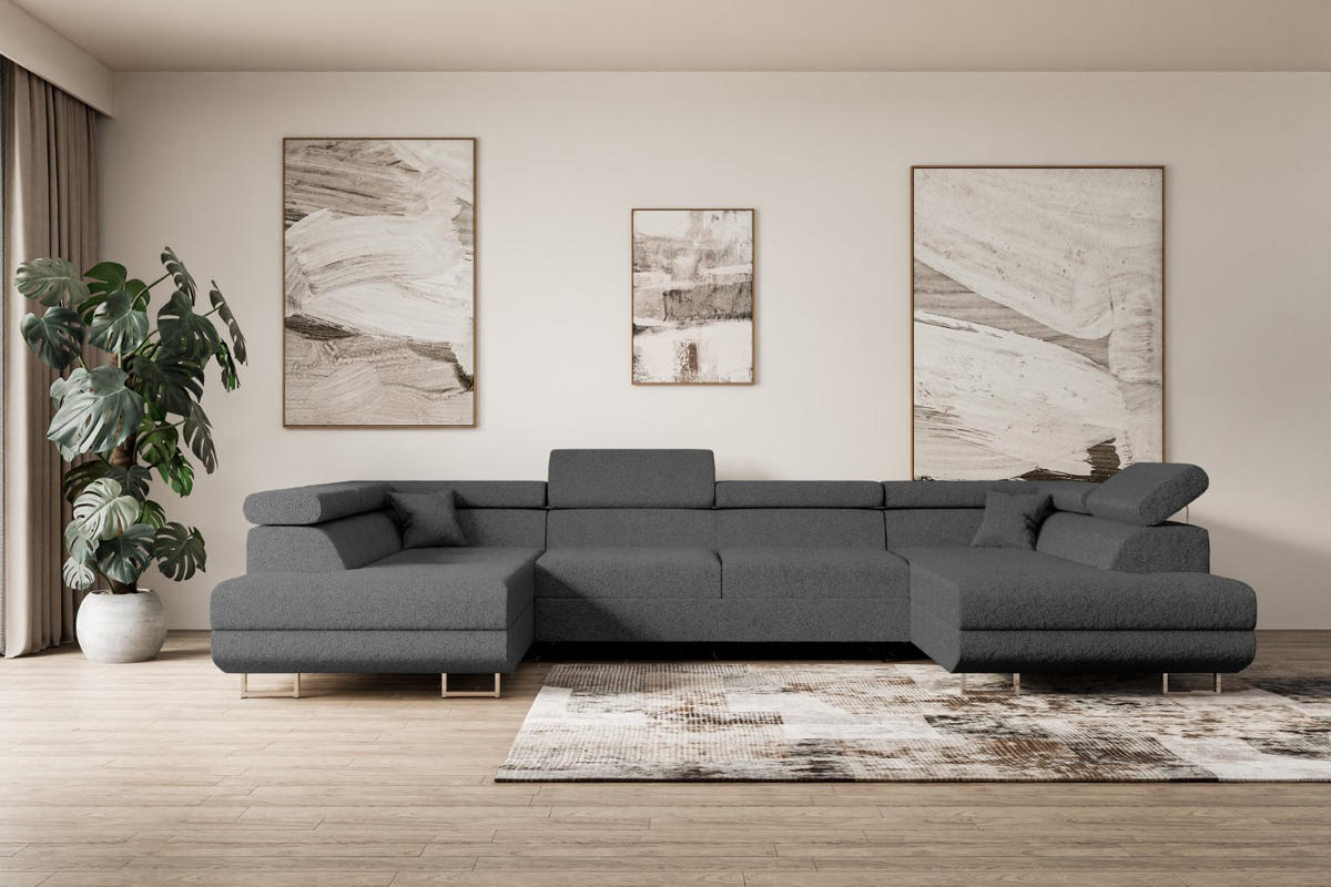 WOHNLANDSCHAFT mit Schlaffunktion und Bettkasten GUSA-U 342x202x107 cm Grau Bouclé - Silberfarben/Grau, Holzwerkstoff/Textil (342/107/202cm) - ALTDECOR