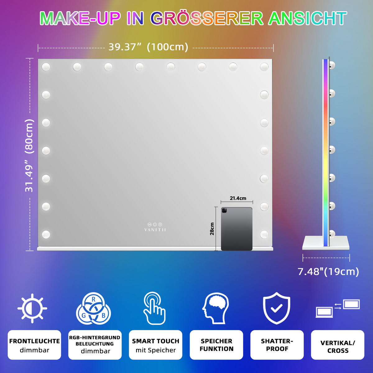SCHMINKSPIEGEL mit LED-Beleuchtung und RGB Hintergrundbeleuchtung weiß 100/80 cm - Weiß, Metall (100/80/3cm) - VANITII