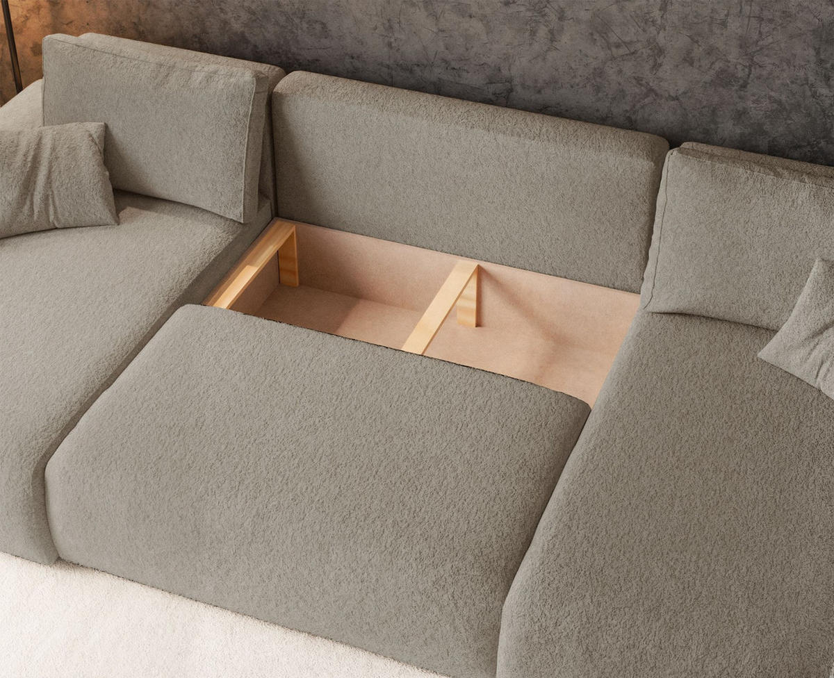 WOHNLANDSCHAFT Pianoni Hellbraun Bouclé-Bezug - Hellbraun/Schwarz, Kunststoff/Textil (312/83/140cm) - Selsey