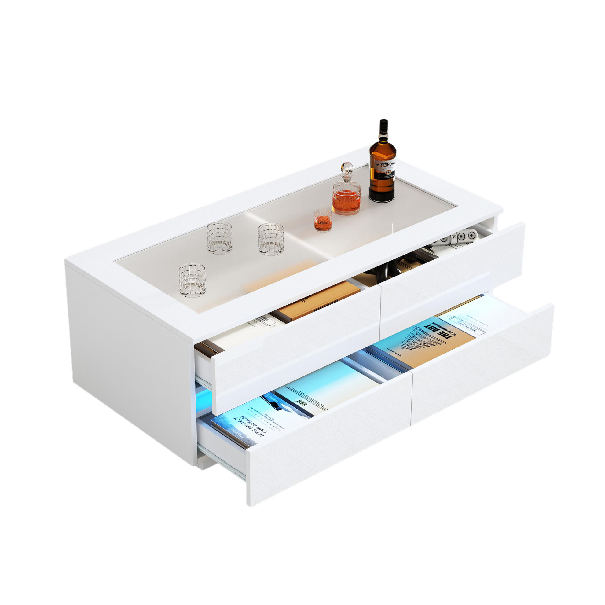 COUCHTISCH 100/50/40 cm weiß aus Spanplatte mit Glasplatte, 4 Schubladen und LED - Weiß, Holzwerkstoff (50/100/40cm) - OKWISH