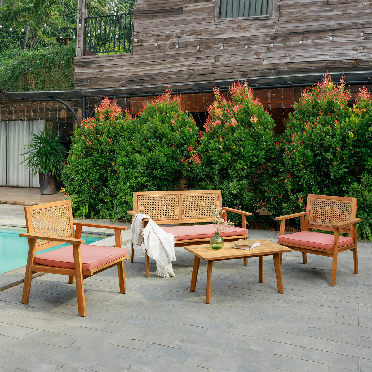 GARTENGARNITUR Rattan - Rosa - Hellrosa, Holz - Nordlys