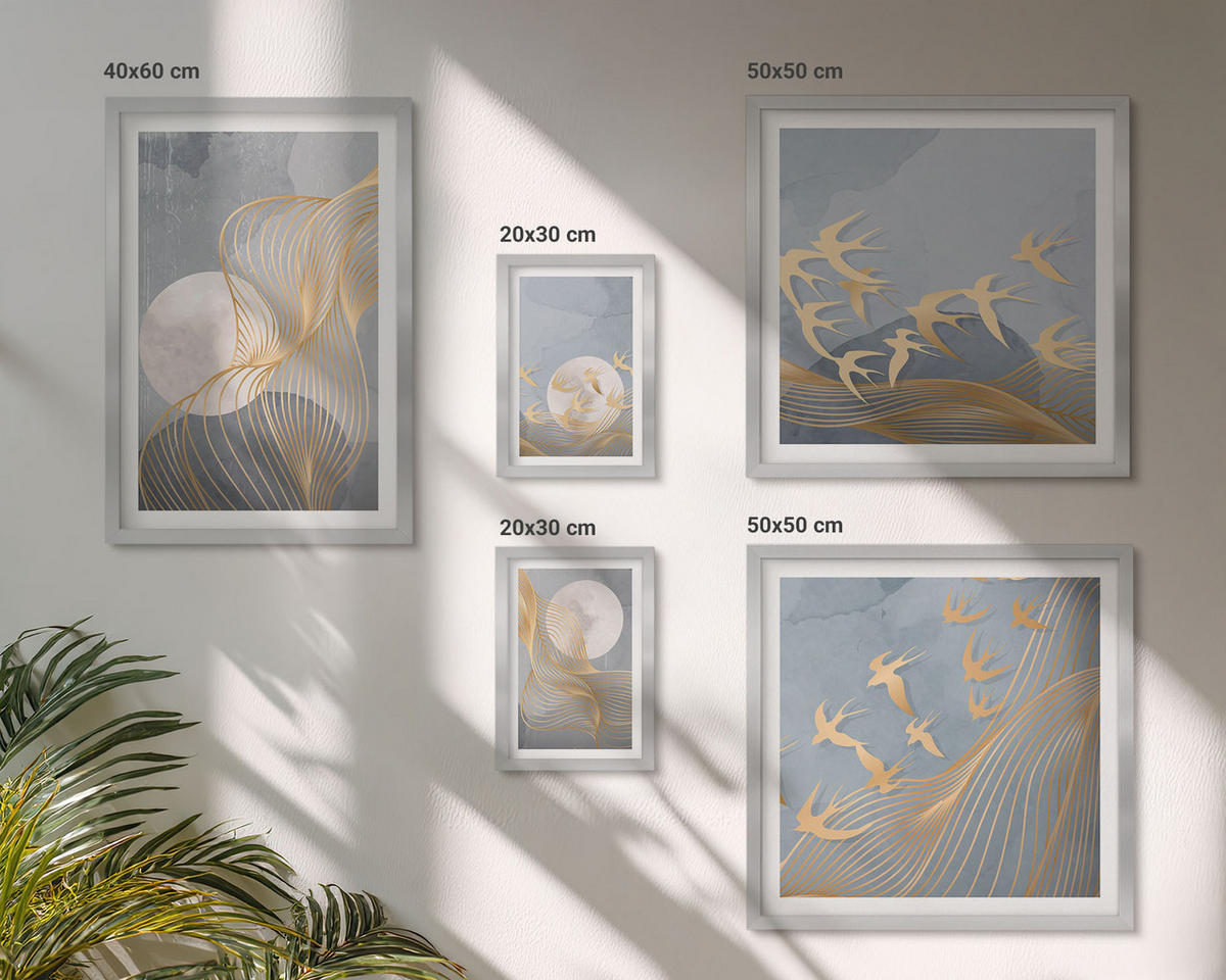 BILDER SET 5er Set - 50x50 cm & 20x30 cm & 40x60 cm Silberner Rahmen - Abstrakte Wellenkreise, grau - Silberfarben, Kunststoff (40/60cm) - TULUP