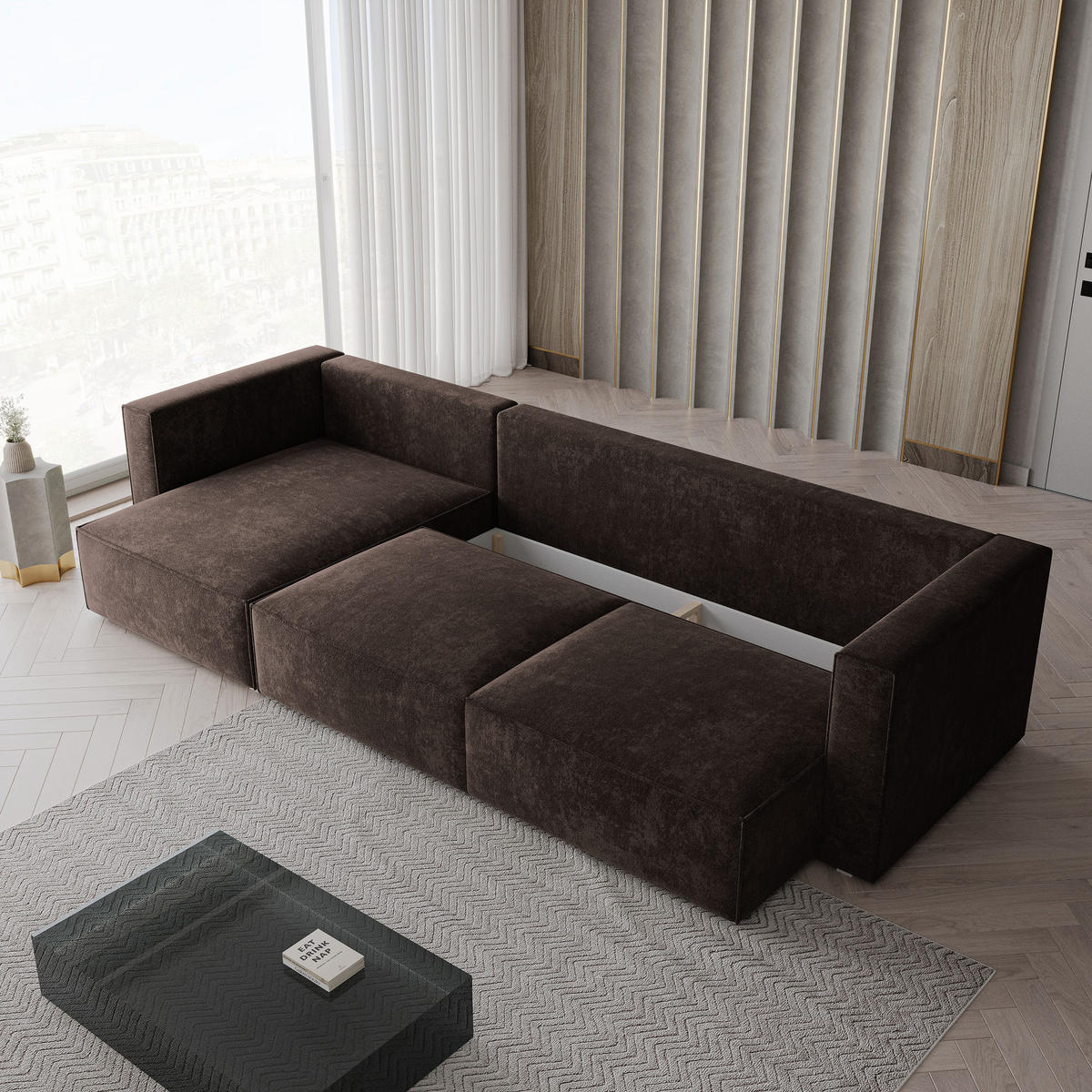 ECKSOFA TOLMO LM Braun Chenille mit Schlaffunktion - Braun, Holzwerkstoff/Textil (347/148cm) - MASSENO