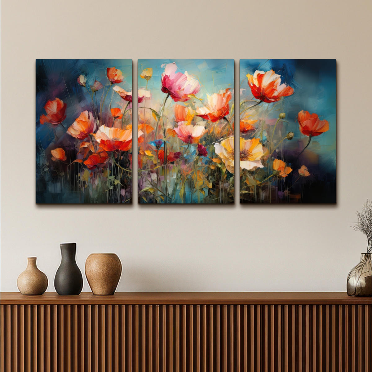 LEINWANDBILD 3er Set Blumen - Bunt - Abstrakt 120x60 cm - Blaugrau, Textil (120/60cm) - MuchoWow