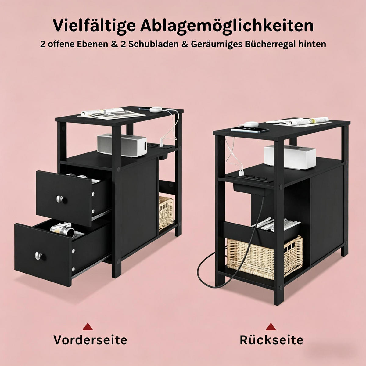 BEISTELLTISCH DE-37214 mit Ladestation und 2 Schubladen Schwarz - Schwarz, Holzwerkstoff (60/30/60cm) - ComfortXL