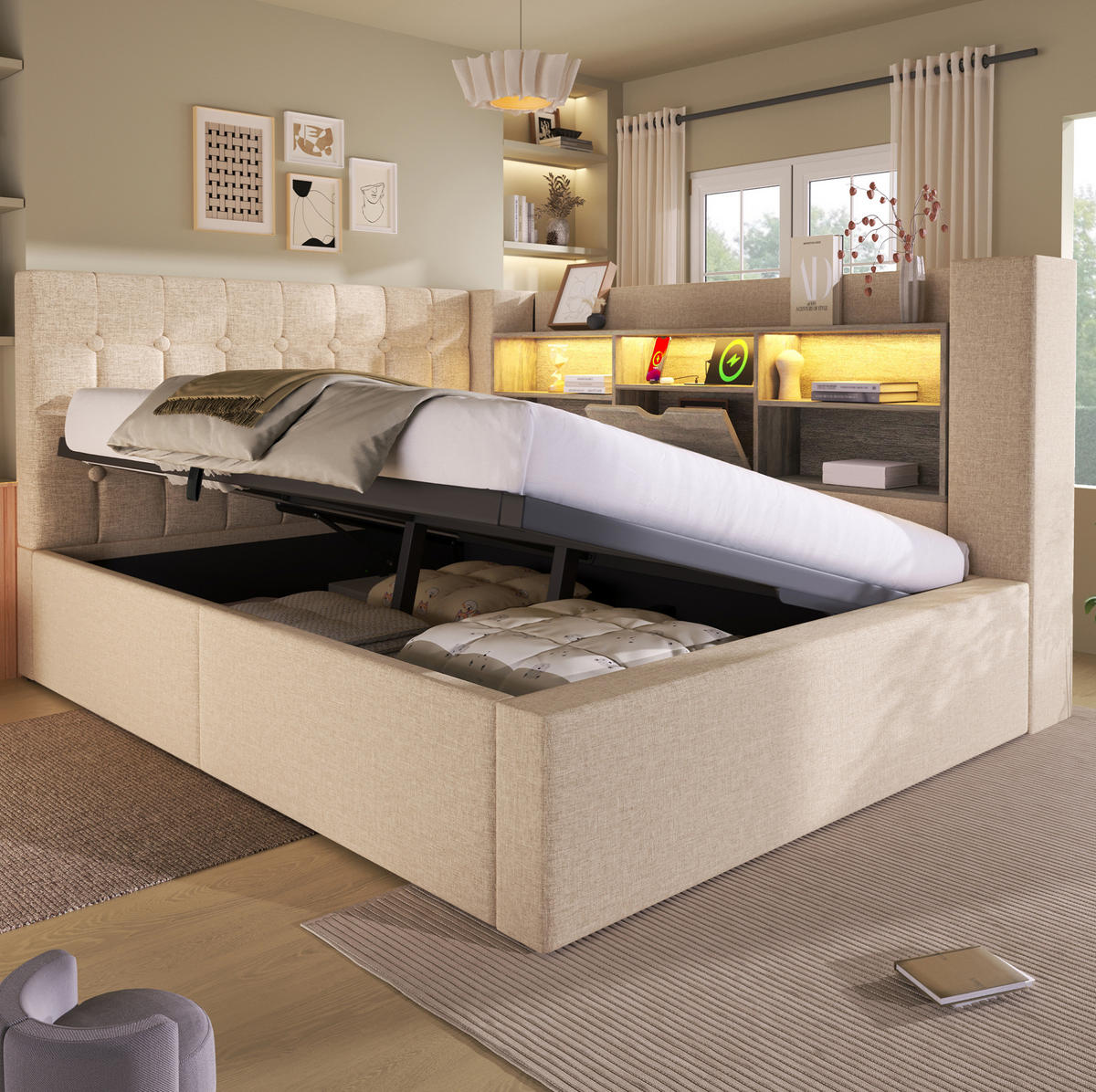 POLSTERBETT 140/190 cm mit LED-Beleuchtung, Bettkasten und gepolstertem Kopfteil - Beige, Textil (140/190cm) - BEAOK