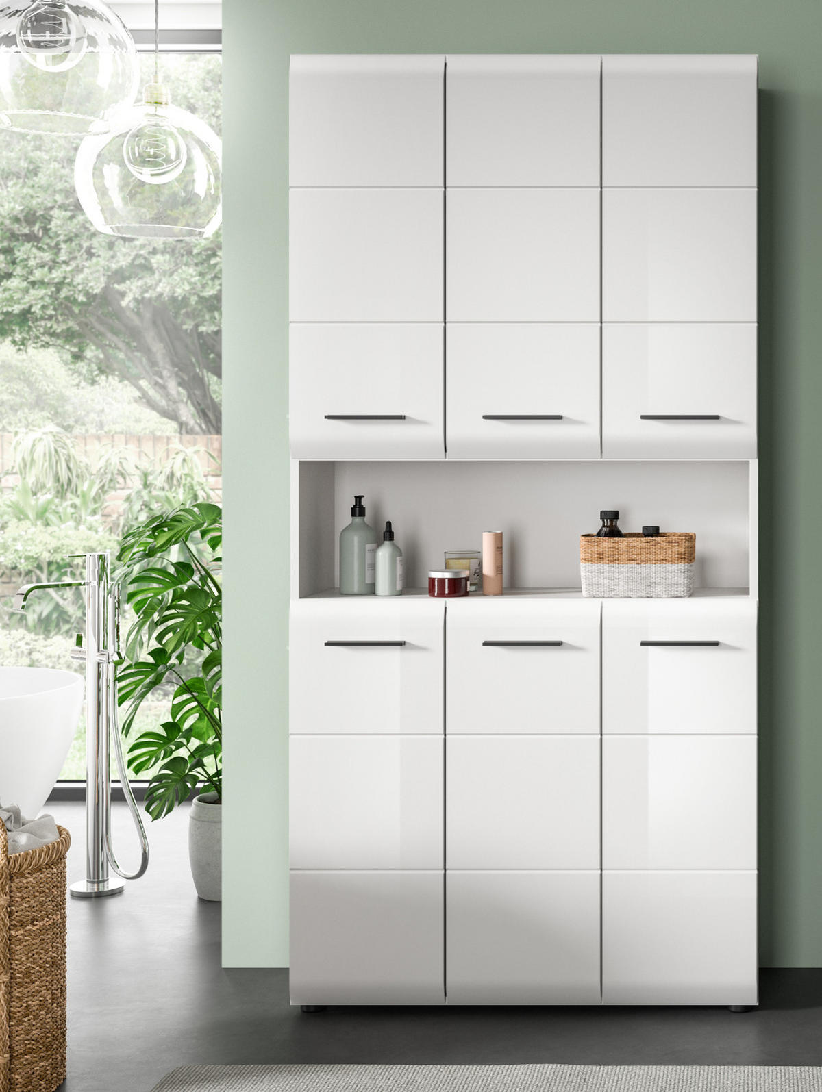 HOCHSCHRANK weiß Hochglanz, Mehrzweckschrank 90 cm mit 13 Fächern - Weiß Hochglanz/Silberfarben, Holzwerkstoff/Kunststoff (90/185/30cm) - Inn.Furn