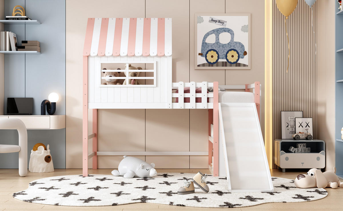 HAUSBETT 90/200 mit Sicherheitsleiter, Rutsche und Staufächern in Rosa - Rosa, Holzwerkstoff (90/200cm) - EVRYAE