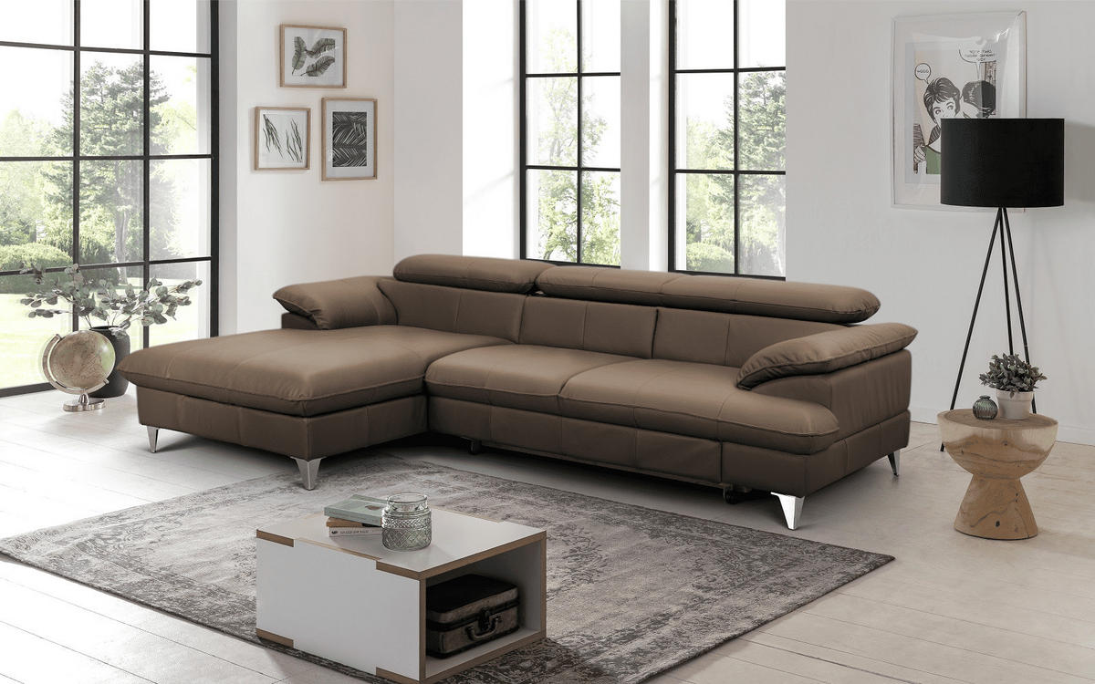 ECKSOFA mit Schlaffunktion und Bettkasten, Echtleder - Chromfarben/Braun, Leder/Holz (254/167cm) - Cotta