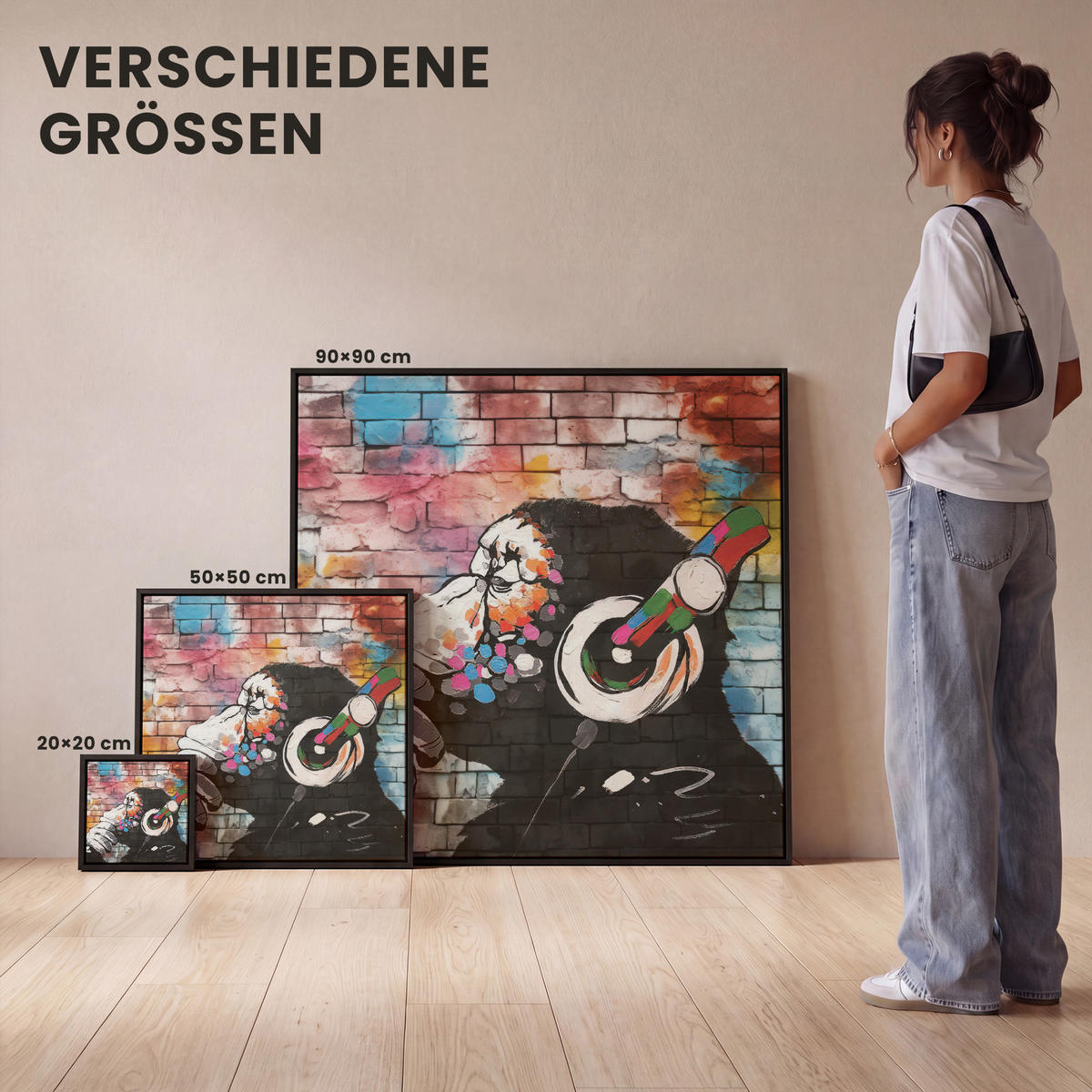 LEINWAND Bilder mit Rahmen - Affe - Graffiti - Musik - 90x90 - Multicolor, Textil (90/90cm) - MuchoWow