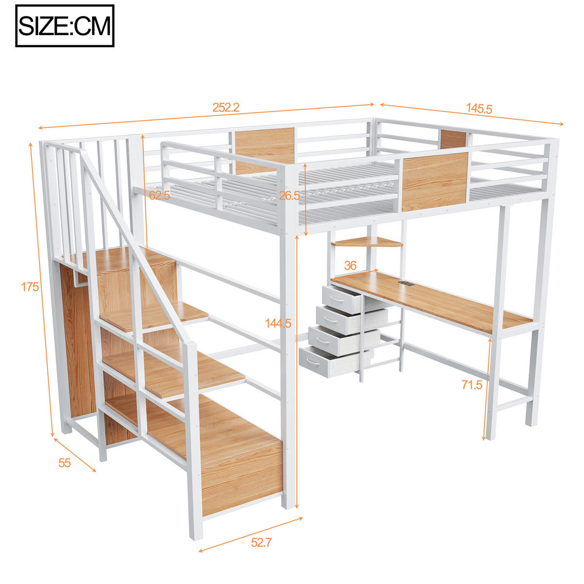 HOCHBETT 140/200 cm Weiß mit Schreibtisch, LED und Steckdose - Weiß, Metall (140/200cm) - MIVRAY