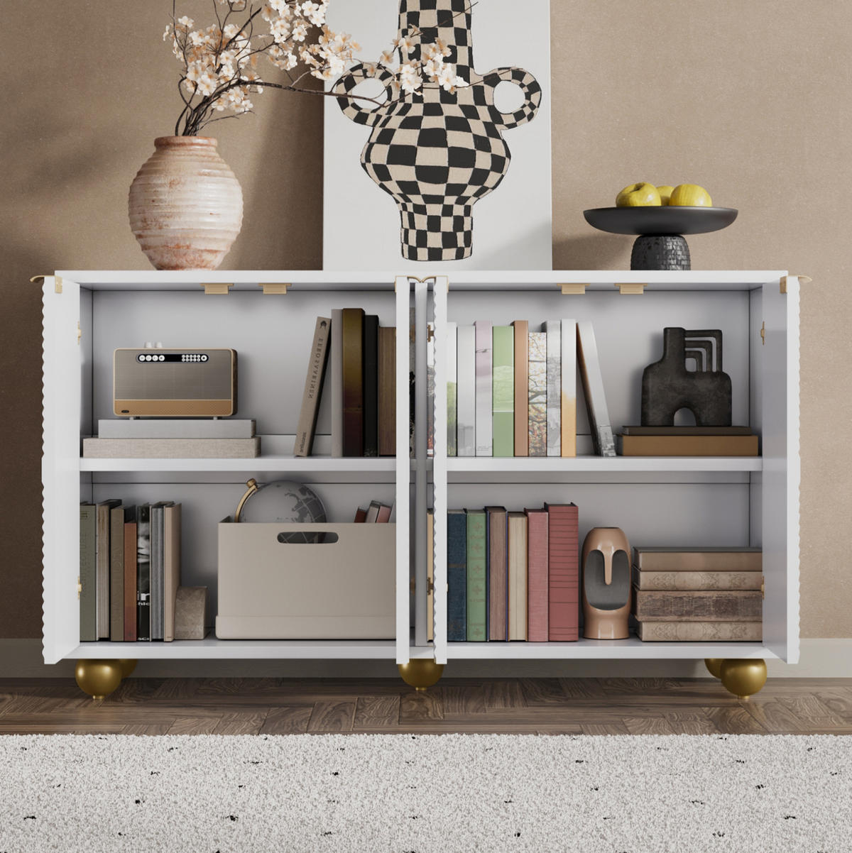 SIDEBOARD 120/35/71,5 cm aus MDF mit 4 Türen, verstellbaren Einlegeböden und gravierten Fronten, Weiß - Weiß, Holzwerkstoff (120/71.5/35cm) - Redom