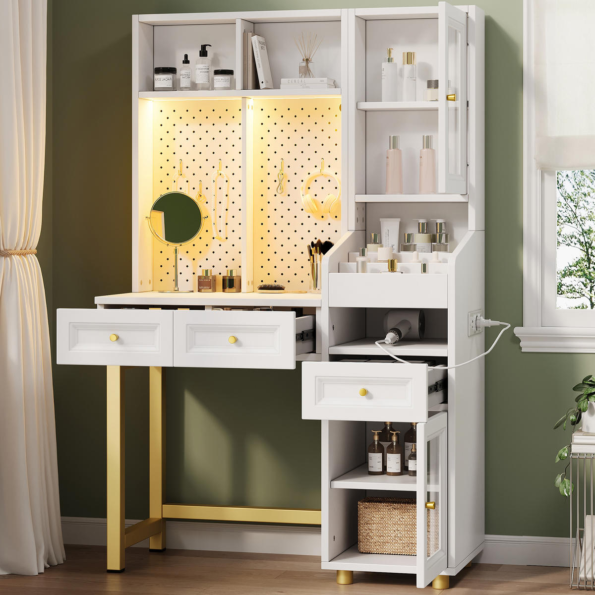 SCHMINKTISCH in Weiß mit LED-Beleuchtung und Glasvitrine für Schlafzimmer, B100/T45/H156 cm - Goldfarben/Weiß, Holzwerkstoff/Metall (100/156/45cm) - STILVORA