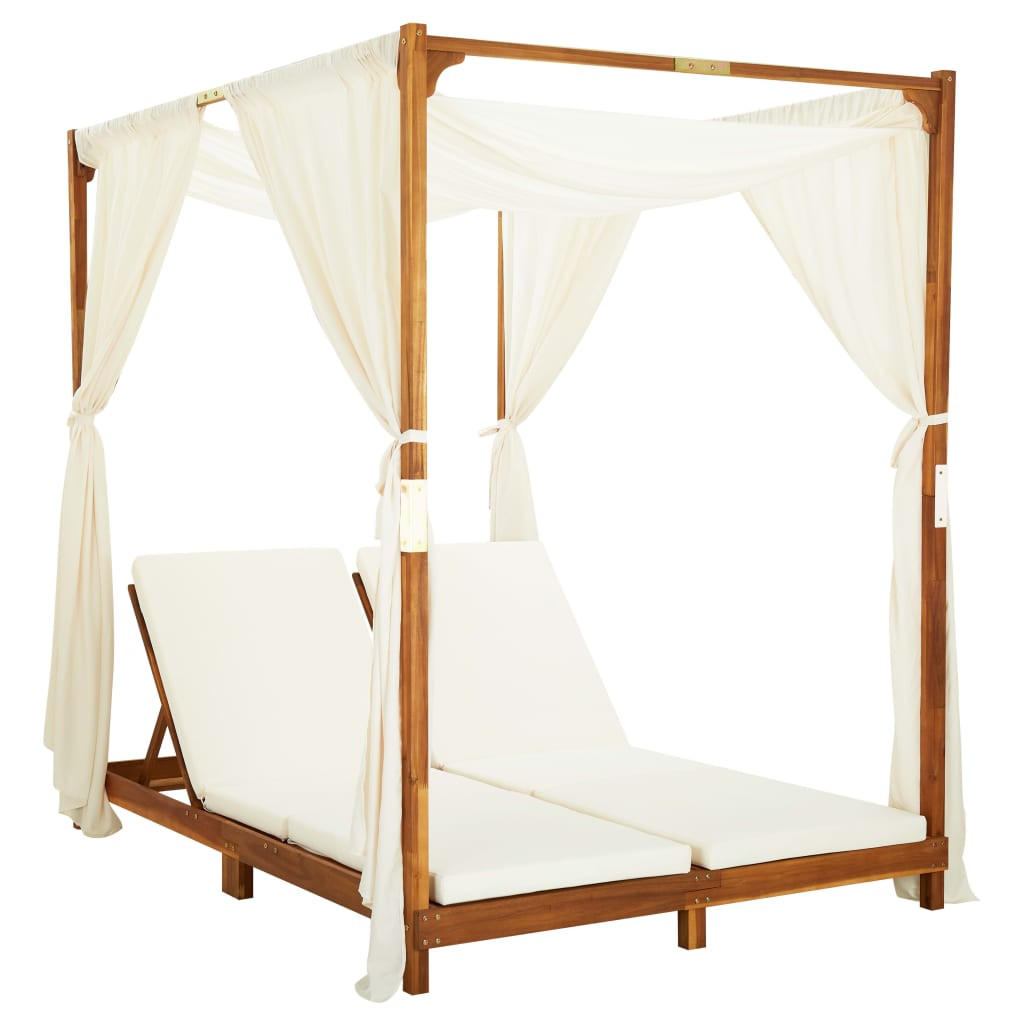 DOPPEL-SONNENLIEGE mit Vorhängen und Auflagen Akazie Massivholz - Creme, Holz (200/200/148cm) - furnicato