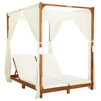 DOPPEL-SONNENLIEGE mit Vorhängen und Auflagen Akazie Massivholz - Creme, Holz (200/200/148cm) - furnicato