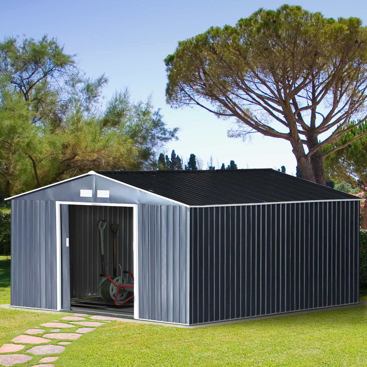 GERÄTEHAUS, Stahl, Kohlegrau - Grau, Metall (386/200/340cm) - Outsunny